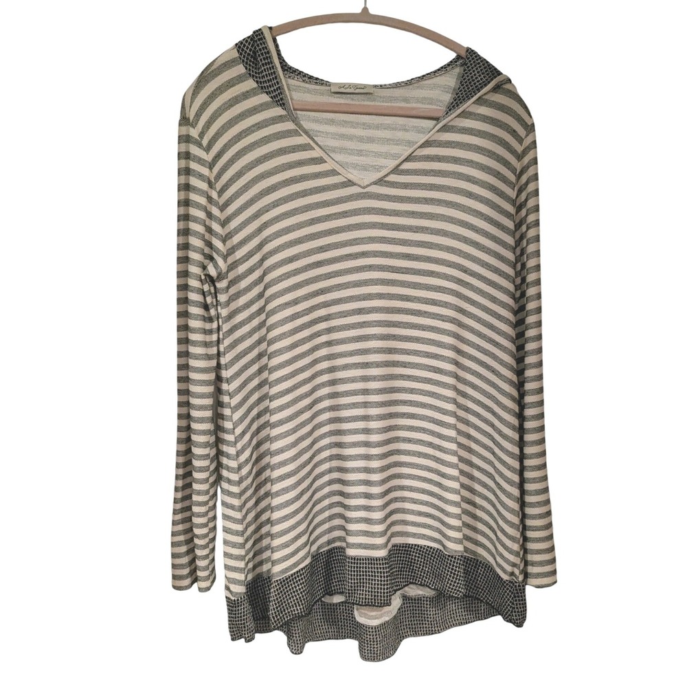 A‎ La Tzarina Hoodie Lg Cream Grey Striped V-Neck Tunic Lightweight Knit Casual
